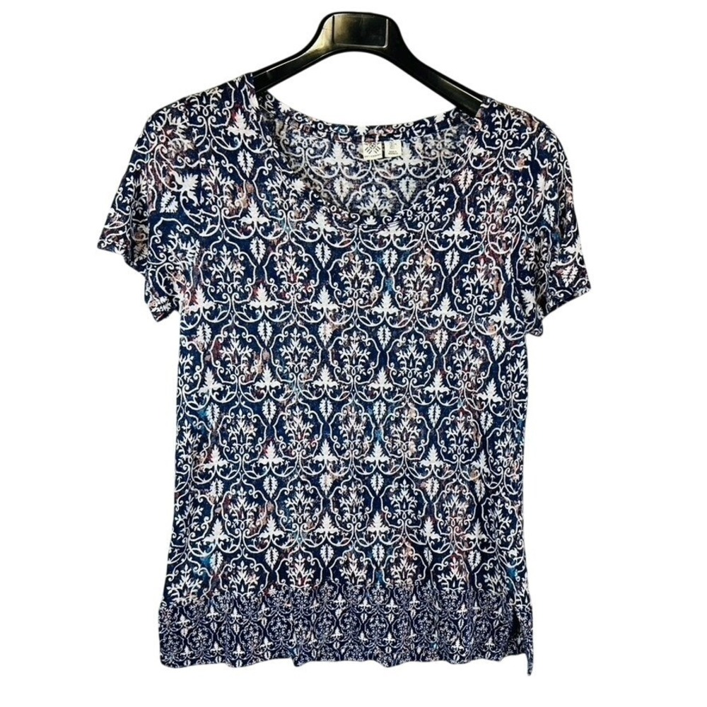 Artisan NY Womans Large Blouse Short Sleeve Blue 100% Linen